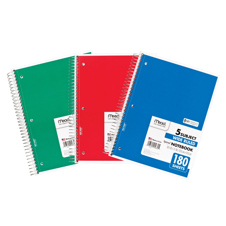 Mead Spiral 5 Subject Notebook, Wide Ruled, 180 Sheets Per Book, PK3 MEA05680